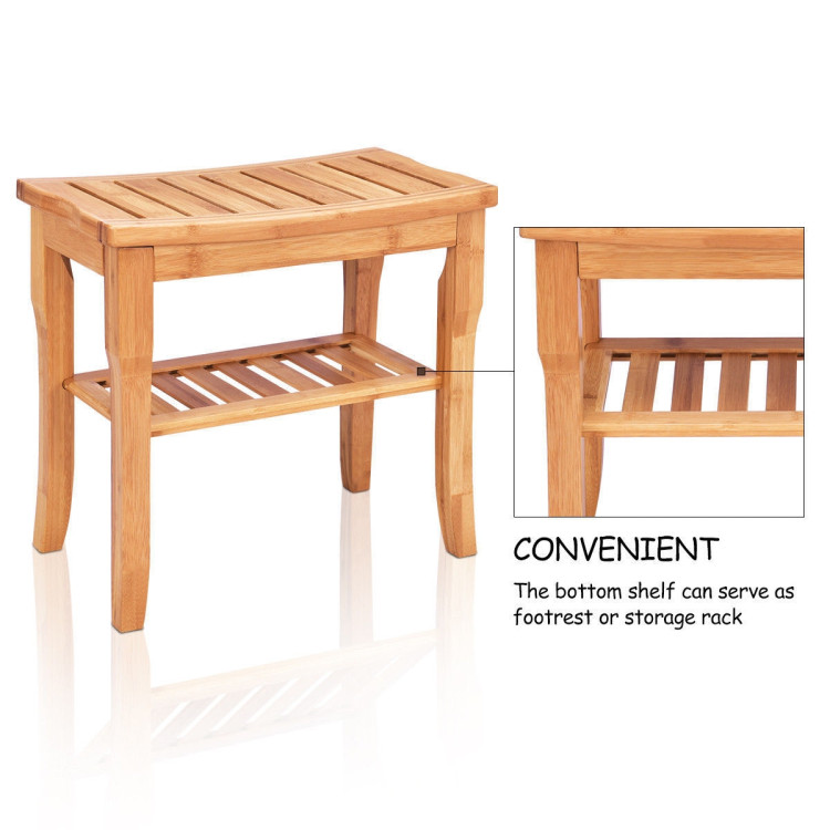 Bathroom Bamboo Shower Chair Bench with Storage ShelfCostway Gallery View 7 of 11