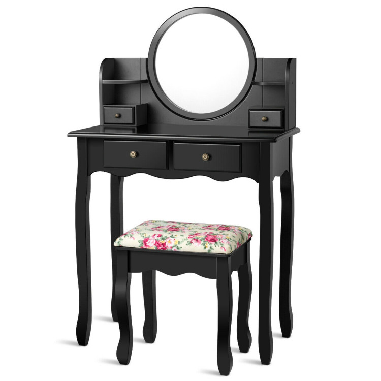 Makeup Vanity Table Set Girls Dressing Table with Drawers Oval Mirror-BlackCostway Gallery View 6 of 11