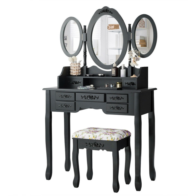 7 Drawer Tri-Folding Mirror Dressing Vanity Makeup Set-BlackCostway Gallery View 8 of 12