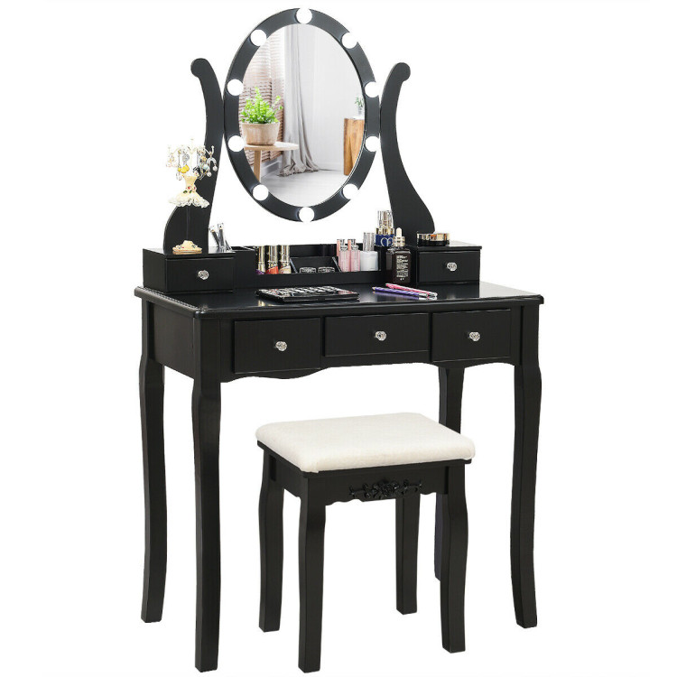 10 Dimmable Lights Vanity Table Set with Lighted Mirror and Cushioned Stool-BlackCostway Gallery View 7 of 11