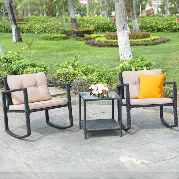 Patio Black PE Wicker Furniture Set Front Porch Furniture 2 Rocking Chairs with Glass Coffee Table Beige Cushion YAHEETECH 3-Piece Outdoor Rocking Bistro Set 