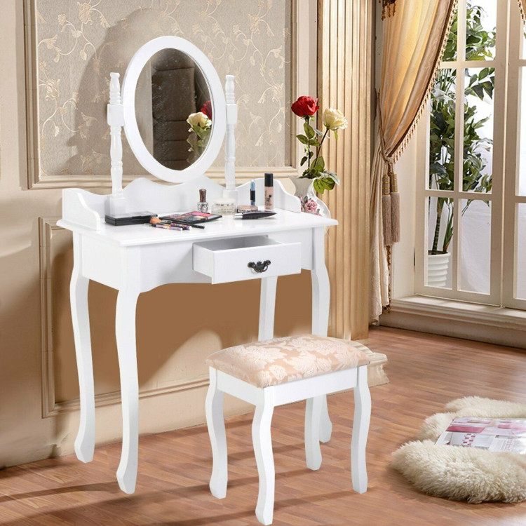 Wooden Vanity Makeup Set with Cushioned Stool and Oval Rotating MirrorCostway Gallery View 6 of 10