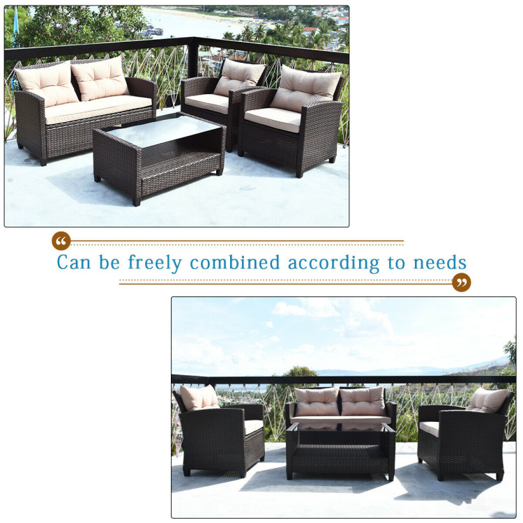 4 Pieces Outdoor Rattan Armrest Furniture Set Table with Lower Shelf-BeigeCostway Gallery View 6 of 10