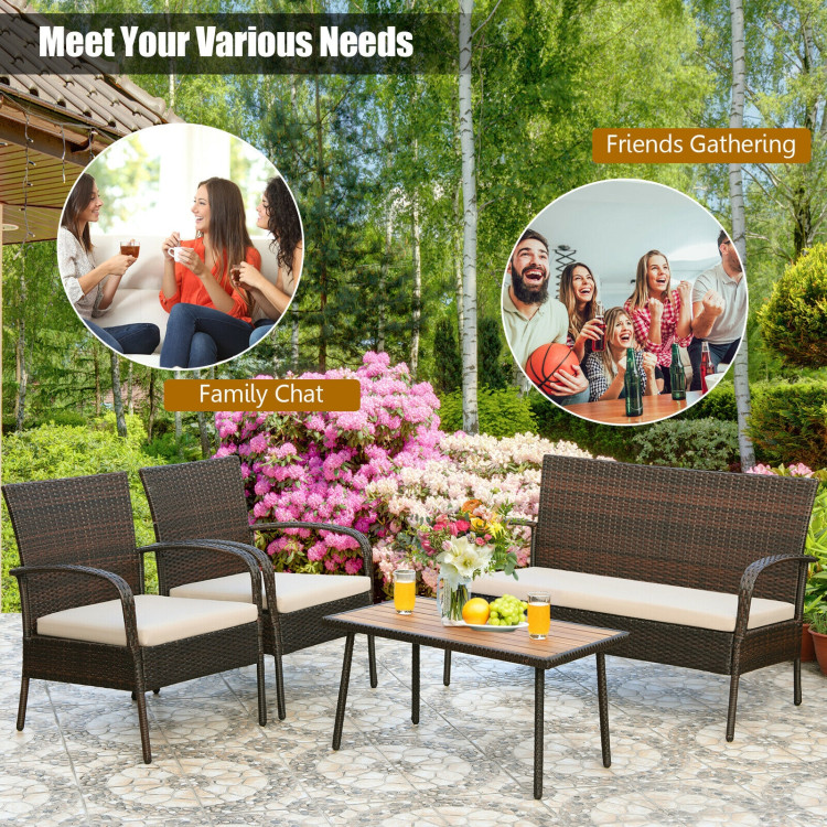 4 Pieces Patio Rattan Outdoor Conversation Set with CushionsCostway Gallery View 3 of 11