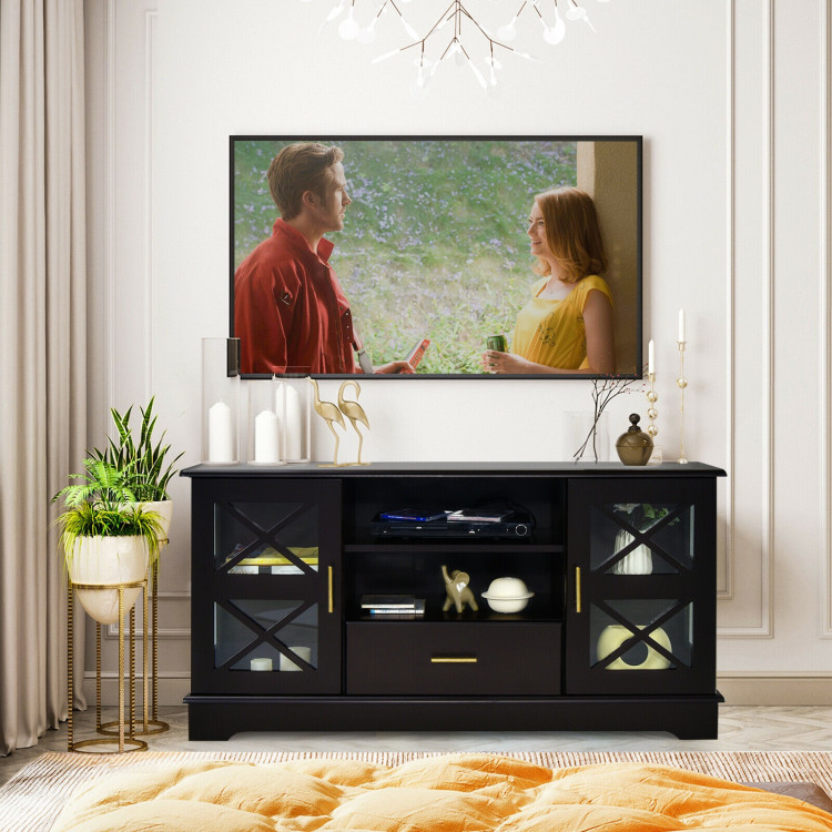 Wood TV Stand with 2 Glass Door Cabinets and 2-Tier Adjustable Shelves-BrownCostway Gallery View 1 of 12