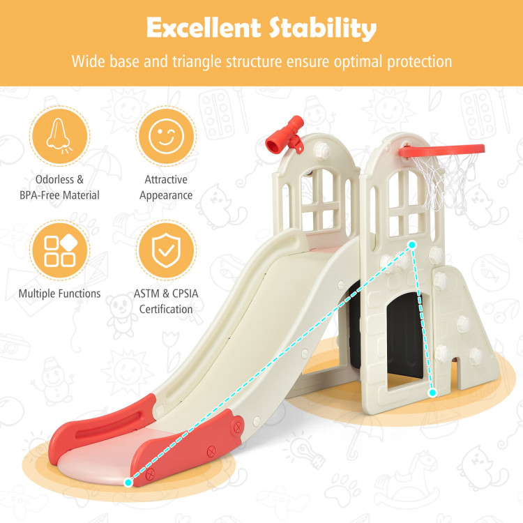 6-In-1 Large Slide for Kids Toddler Climber Slide Playset with Basketball Hoop-PinkCostway Gallery View 5 of 11