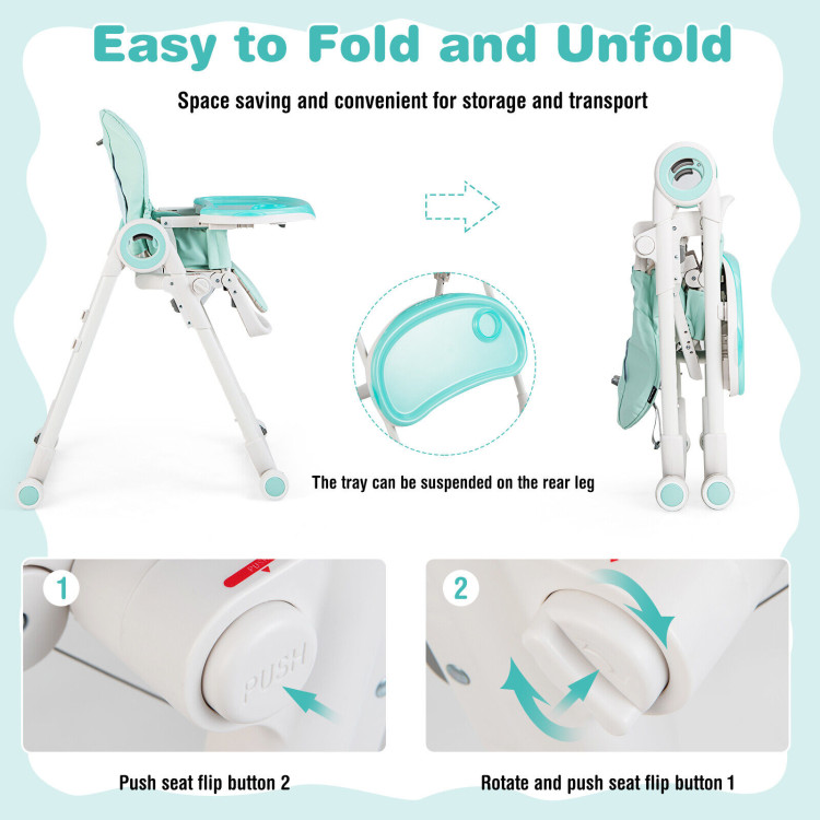 Baby High Chair Foldable Feeding Chair with 4 Lockable Wheels-GreenCostway Gallery View 7 of 10