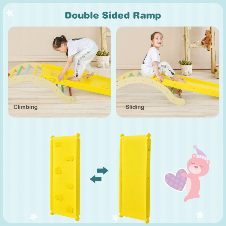 3-in-1 Kids Climber Set Wooden Arch Triangle Rocker with Ramp and MatCostway Gallery View 3 of 11