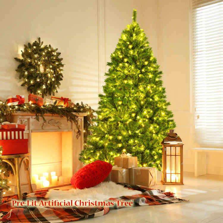 7.5 Feet Pre-Lit Hinged Christmas Tree Green Flocked with 1404 Tips and 530 LED LightsCostway Gallery View 6 of 12