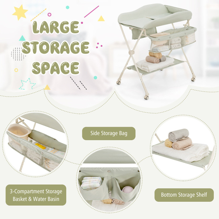 Baby Diaper Changing Table with Water Basin Wheel-GreenCostway Gallery View 3 of 10