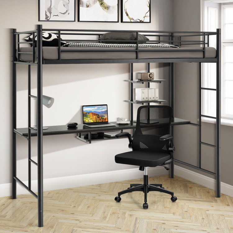 Twin Size Loft Bunk Bed with Desk Storage Shelf and Full Length Ladders-BlackCostway Gallery View 2 of 10