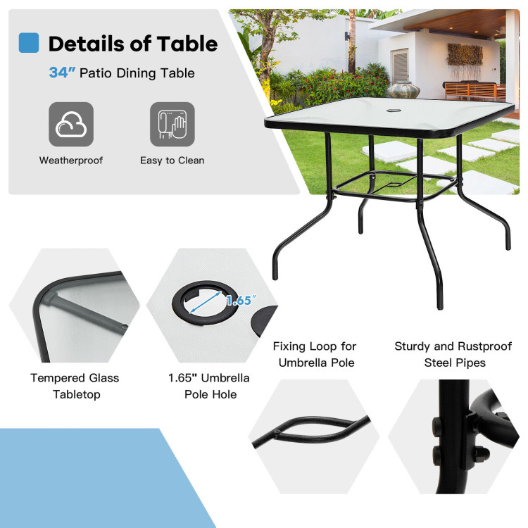 35 Inch Patio Dining Square Tempered Glass Table with Umbrella HoleCostway Gallery View 2 of 10