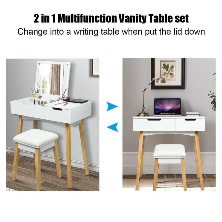 Wooden Vanity Table with Flip Top Mirror and Cushioned StoolCostway Gallery View 10 of 19