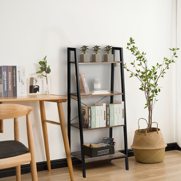 4-Tier Industrial Ladder Shelf with Metal FrameCostway Gallery View 7 of 11