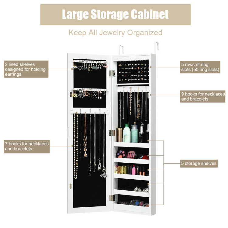 Wall And Door Mirrored Jewelry Cabinet With LED LightCostway Gallery View 9 of 12