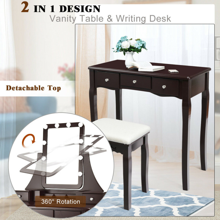 10 Dimmable Light Bulbs Vanity Dressing Table with 2 Dividers and Cushioned Stool-CoffeeCostway Gallery View 2 of 11