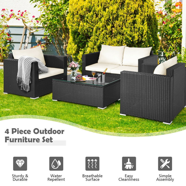 4 Pieces Patio Rattan Conversation Set with Padded Cushion and Tempered Glass Coffee Table-WhiteCostway Gallery View 5 of 11