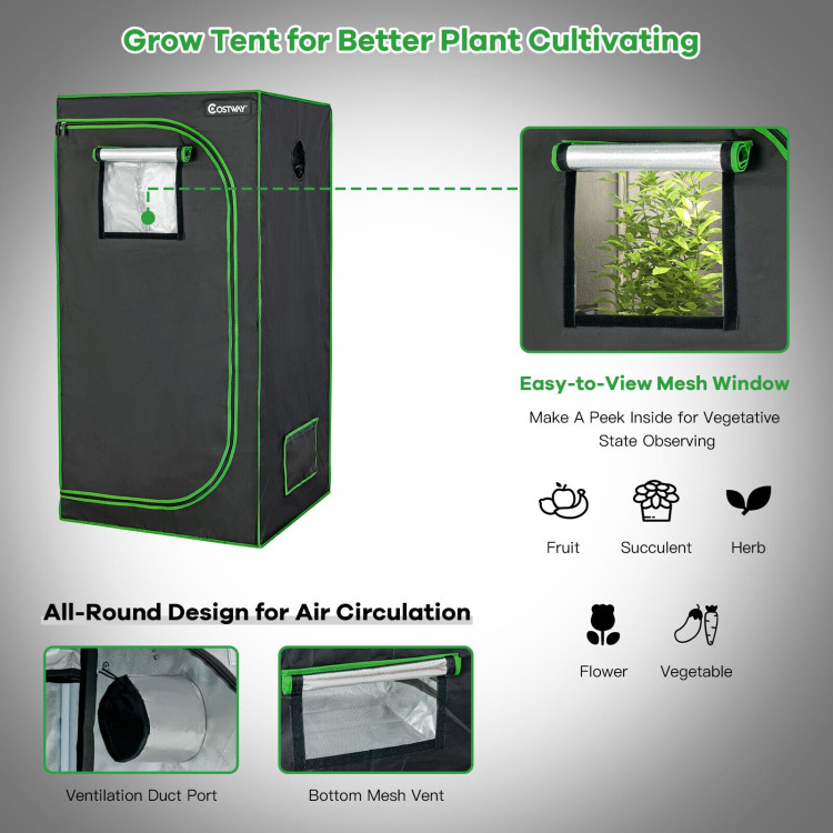 32 x 32 x 63 Inch Mylar Hydroponic Grow Tent with Observation Window and Floor Tray-BlackCostway Gallery View 5 of 9