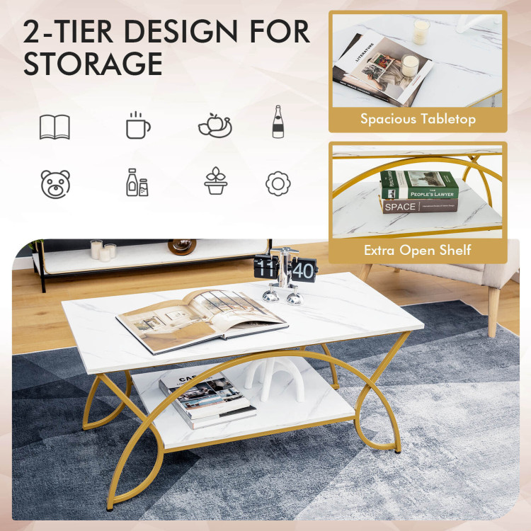 2-Tier Coffee Table Gold Rectangle for Living Room-WhiteCostway Gallery View 3 of 12