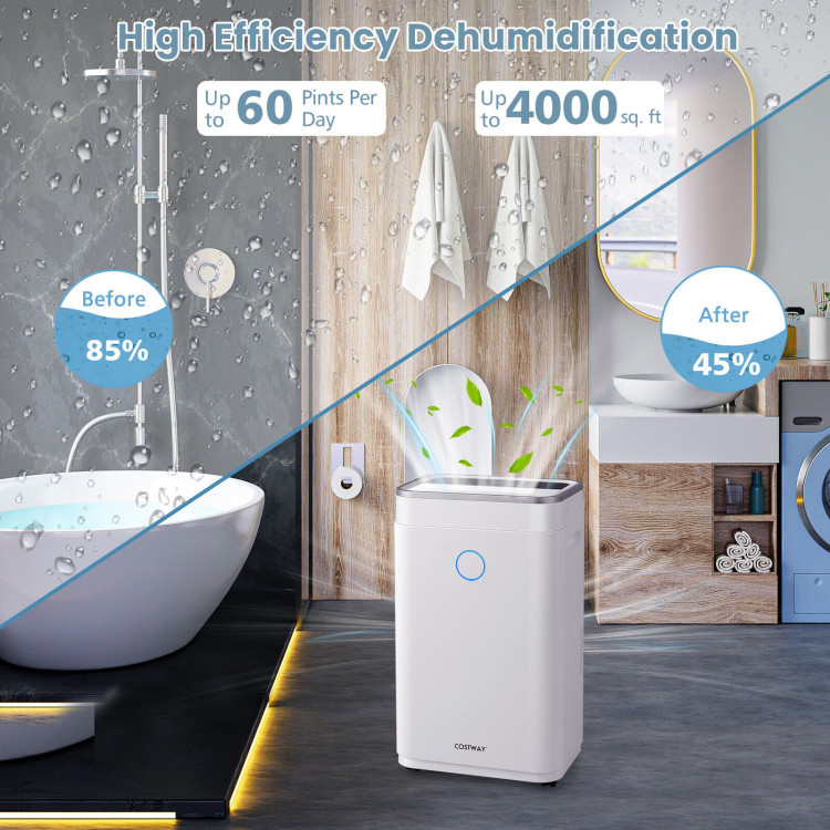 60-Pint Dehumidifier for Home and Basements 4000 Sq. Ft with 3-Color Digital Display-WhiteCostway Gallery View 3 of 10