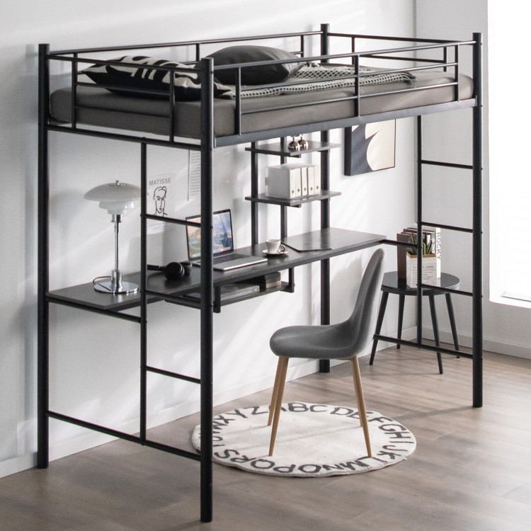 Twin Size Loft Bunk Bed with Desk Storage Shelf and Full Length Ladders-BlackCostway Gallery View 8 of 10