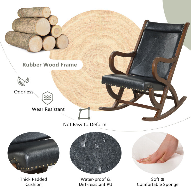 Modern Rocking Chair with PU Cushion and Rubber Wood Frame-BlackCostway Gallery View 8 of 8