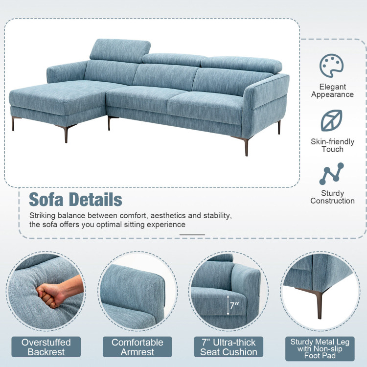 105 Inch L-Shaped Sofa Couch with 3 Adjustable Headrests-BlueCostway Gallery View 8 of 10