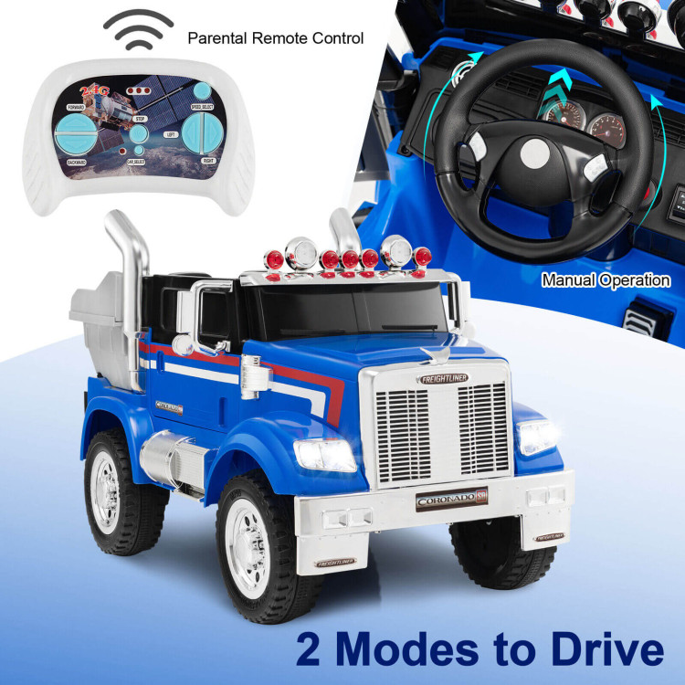 12V Licensed Freightliner Kids Ride On Truck Car with Dump Box and Lights -BlueCostway Gallery View 6 of 10