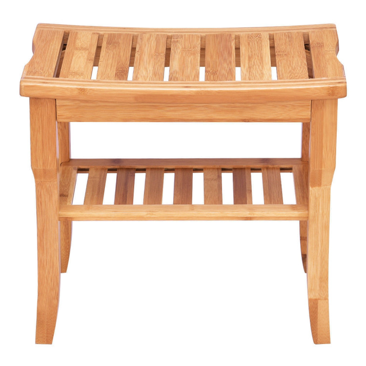 Bathroom Bamboo Shower Chair Bench with Storage ShelfCostway Gallery View 5 of 11