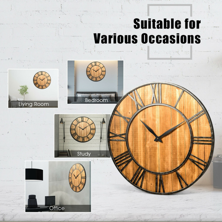 30 Inch Round Wall Clock Decorative Wooden Silent Clock with BatteryCostway Gallery View 3 of 13