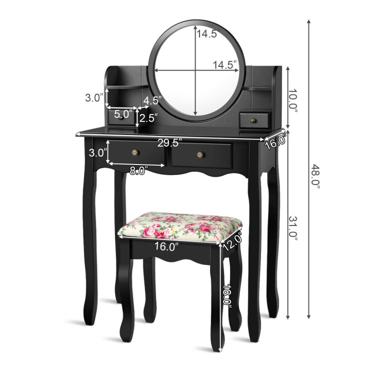 Makeup Vanity Table Set Girls Dressing Table with Drawers Oval Mirror-BlackCostway Gallery View 11 of 11