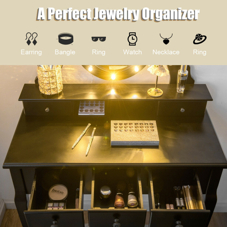 5 Drawers Vanity Table Stool Set with 12-LED Bulbs-BlackCostway Gallery View 8 of 12
