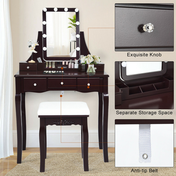 10 Dimmable Light Bulbs Vanity Dressing Table with 2 Dividers and Cushioned Stool-CoffeeCostway Gallery View 11 of 11