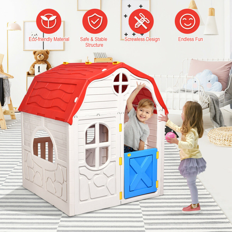 Kids Cottage Playhouse Foldable Plastic Indoor Outdoor ToyCostway Gallery View 5 of 8