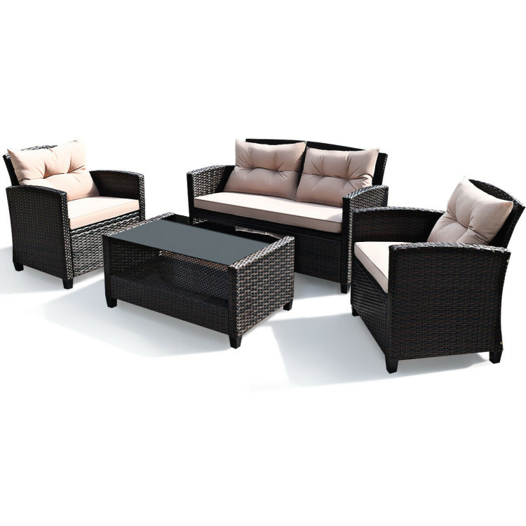 4 Pieces Outdoor Rattan Armrest Furniture Set Table with Lower ShelfCostway Gallery View 8 of 10