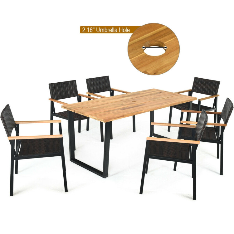 7 Pieces Outdoor Dining Set with Large Acacia Wood Table TopCostway Gallery View 6 of 8