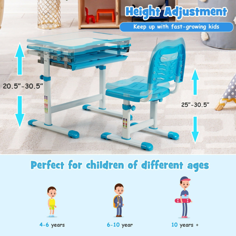 Kids Height Adjustable Desk and Chair Set with Tilted Tabletop and Drawer-BlueCostway Gallery View 2 of 12