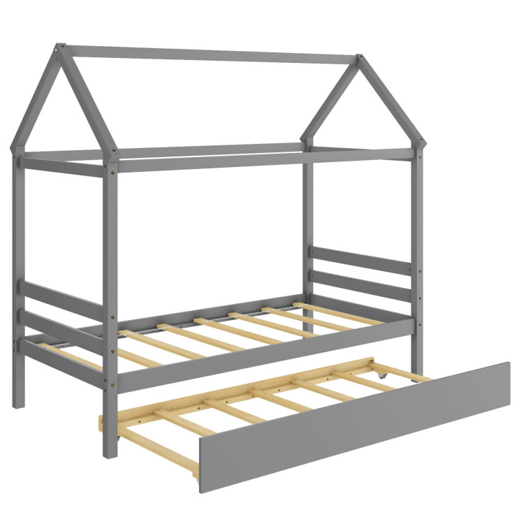 Twin House Bed Frame with Trundle Roof Wooden Platform Mattress ...