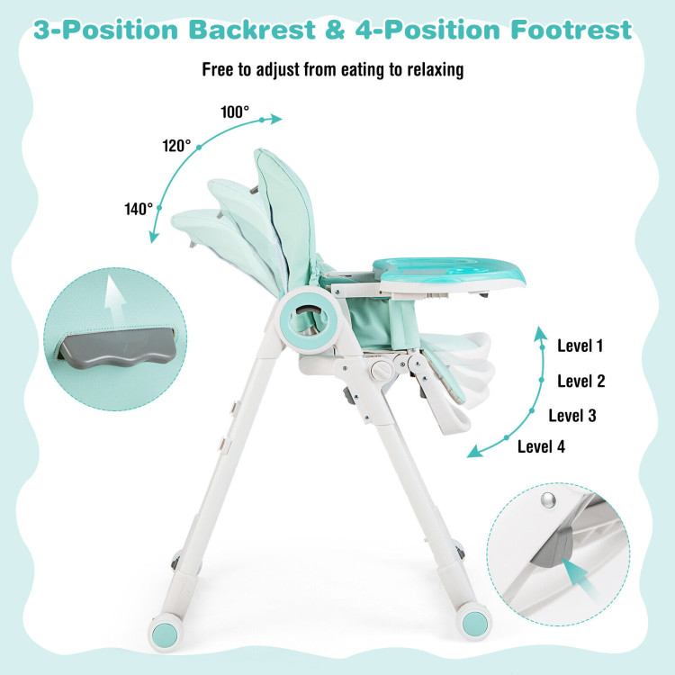 Baby High Chair Foldable Feeding Chair with 4 Lockable Wheels-GreenCostway Gallery View 8 of 10