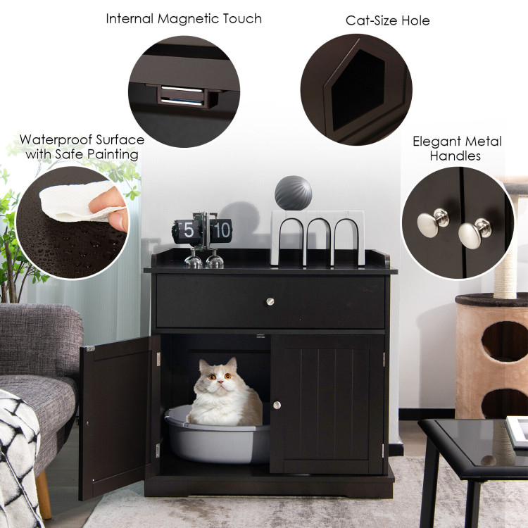 Wooden Cat Litter Box Enclosure with Drawer Side Table Furniture-BrownCostway Gallery View 5 of 10