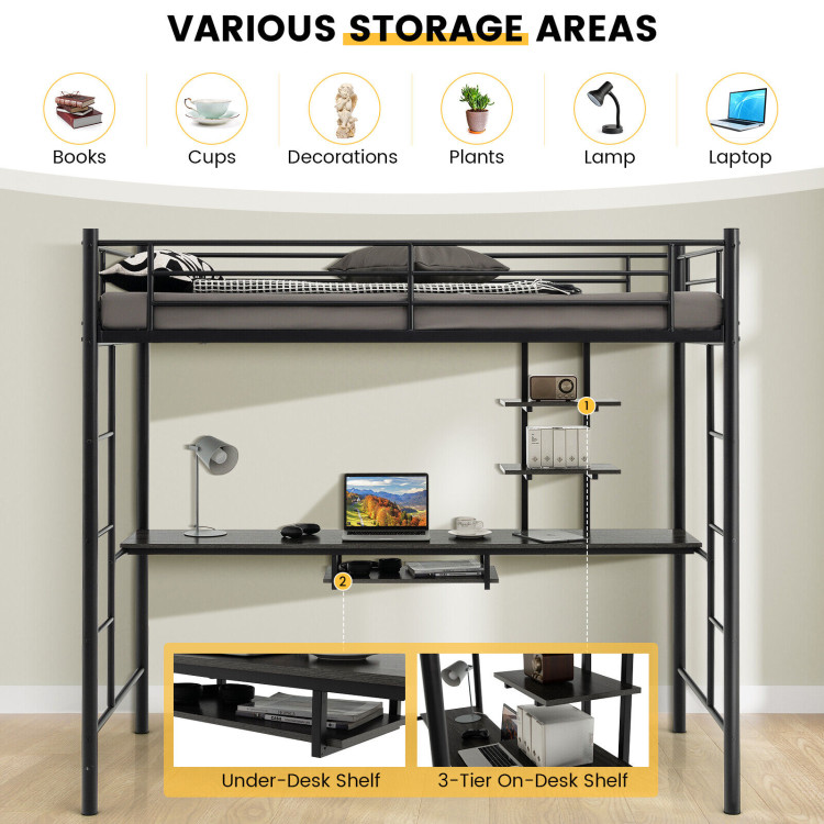 Twin Size Loft Bunk Bed with Desk Storage Shelf and Full Length Ladders-BlackCostway Gallery View 3 of 10