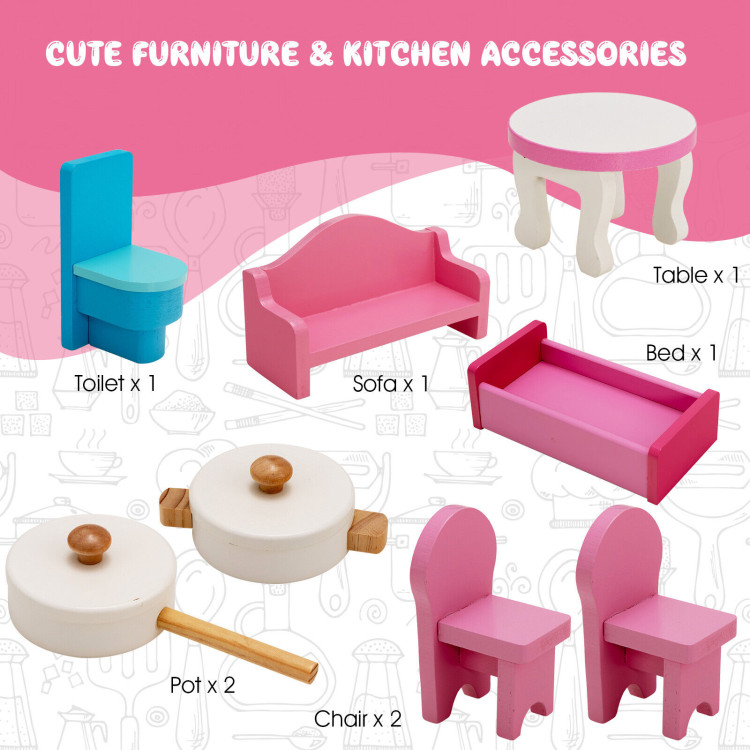 2-In-1 Double Sided Kids Kitchen Playset and Dollhouse with FurnitureCostway Gallery View 5 of 11