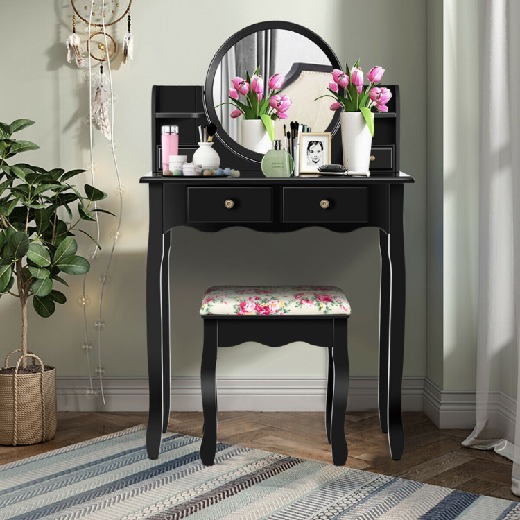Makeup Vanity Table Set Girls Dressing Table with Drawers Oval Mirror-BlackCostway Gallery View 1 of 11
