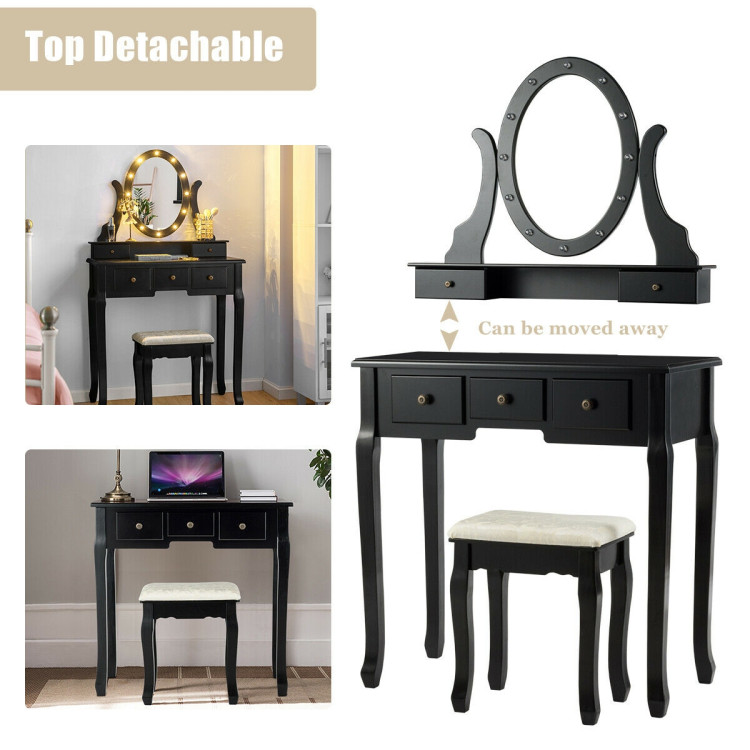 5 Drawers Vanity Table Stool Set with 12-LED Bulbs-BlackCostway Gallery View 7 of 12