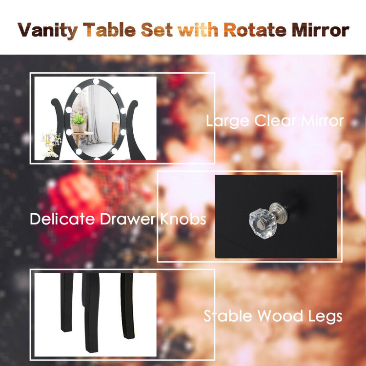 10 Dimmable Lights Vanity Table Set with Lighted Mirror and Cushioned Stool-BlackCostway Gallery View 9 of 11