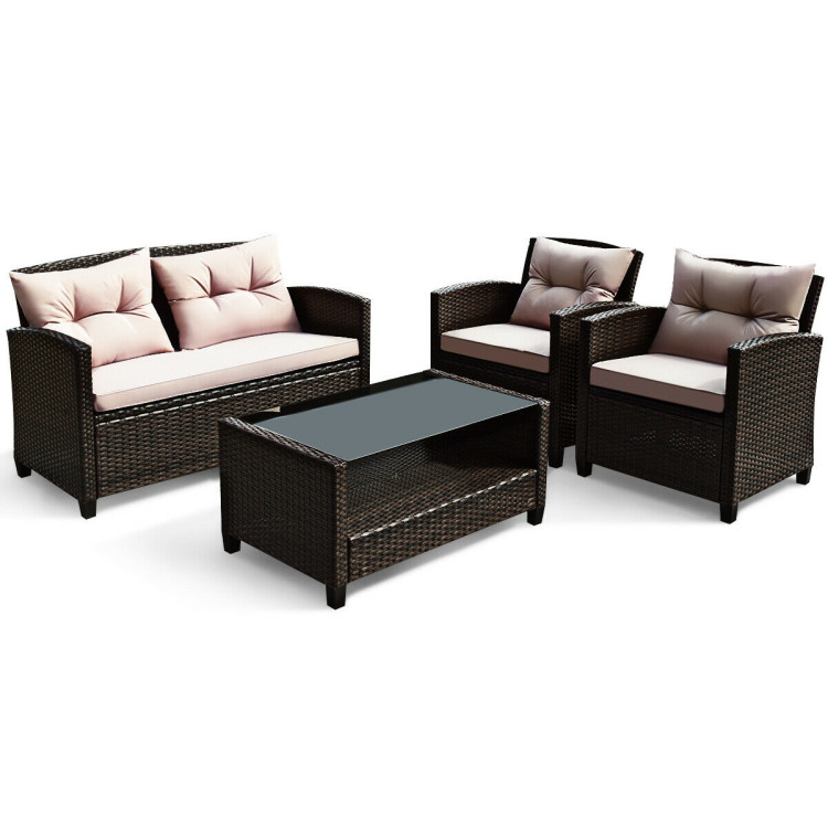 4 Pieces Outdoor Rattan Armrest Furniture Set Table with Lower ShelfCostway Gallery View 1 of 10