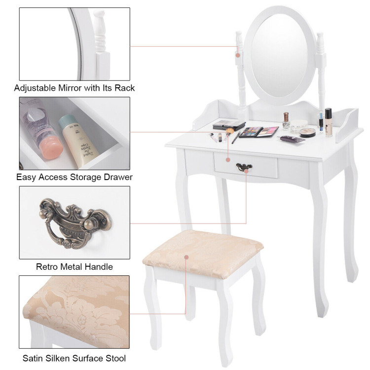 Wooden Vanity Makeup Set with Cushioned Stool and Oval Rotating MirrorCostway Gallery View 5 of 10