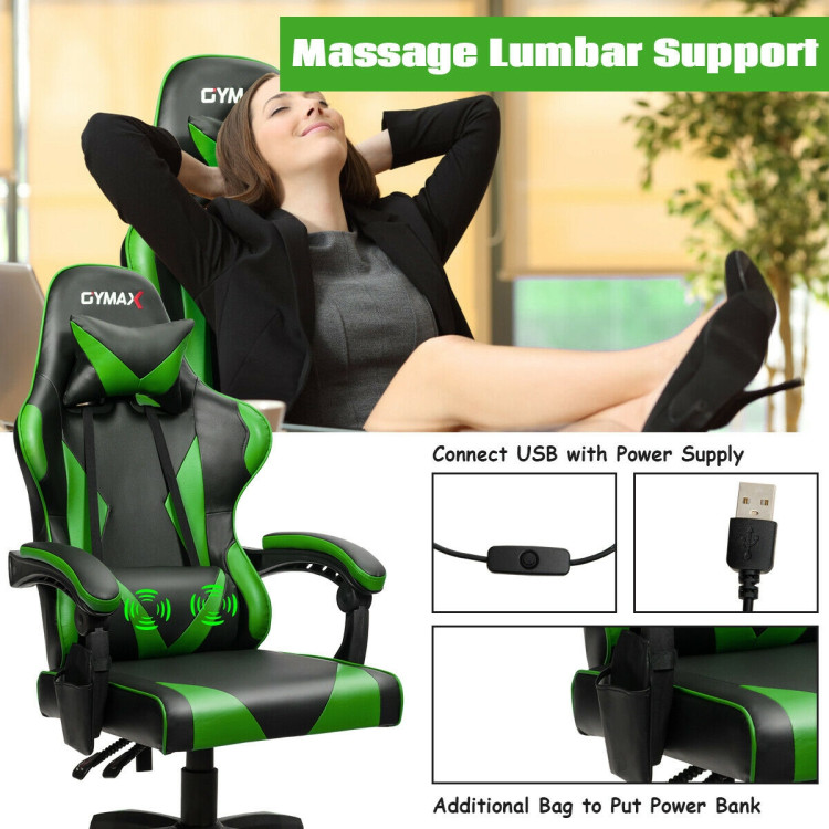 Gaming Chair Reclining Swivel with Massage Lumbar Support -GreenCostway Gallery View 12 of 12