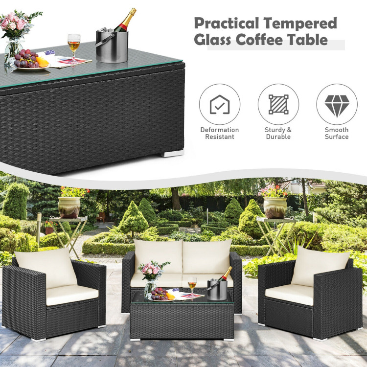 4 Pieces Patio Rattan Conversation Set with Padded Cushion and Tempered Glass Coffee Table-WhiteCostway Gallery View 11 of 11