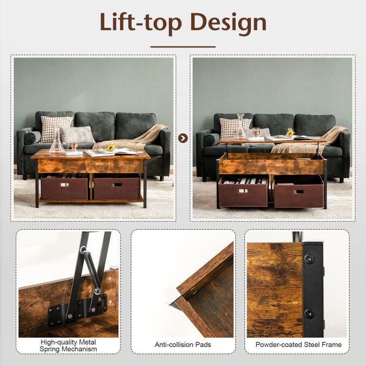 Lift Top Coffee Table Central Table with Drawers and Hidden Compartment for Living Room-Rustic BrownCostway Gallery View 10 of 10